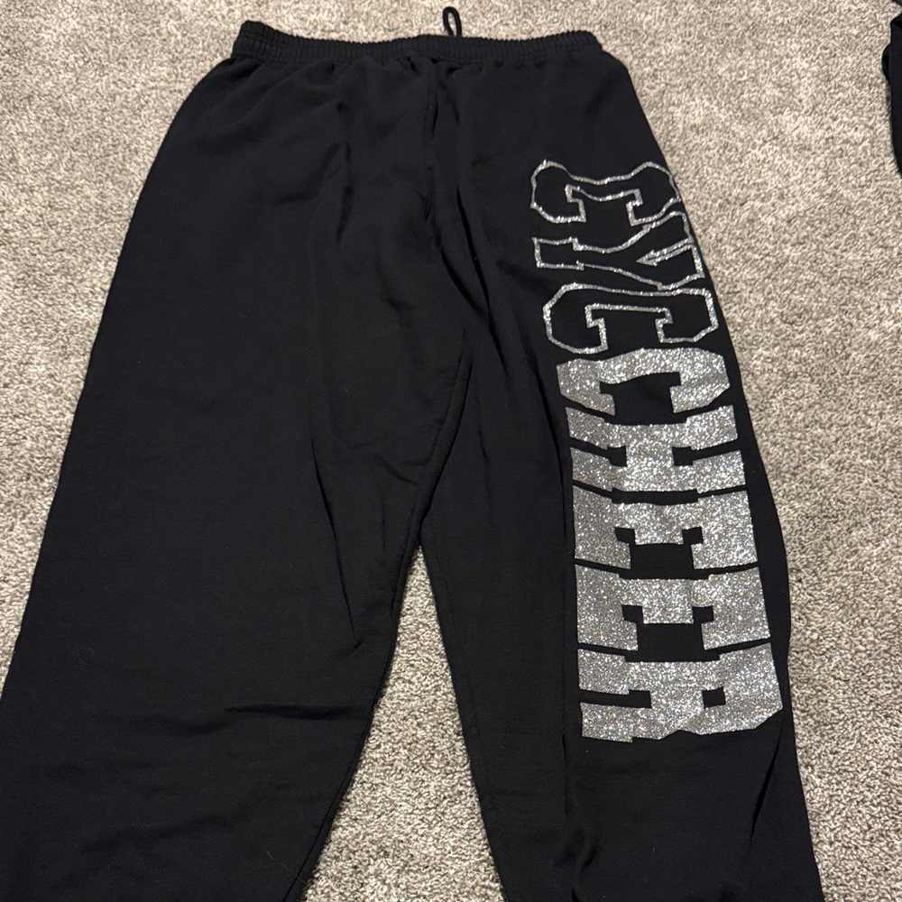 Black Sweatpants with Silver Glitter Cheer Print